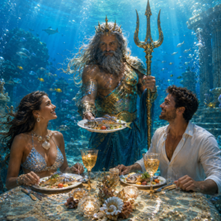 Cena submarina comiendo pescado fresco, atendido por Poseidón