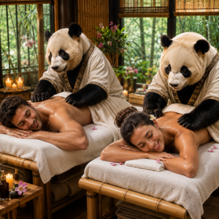 Masaje de relajación hecho por osos panda